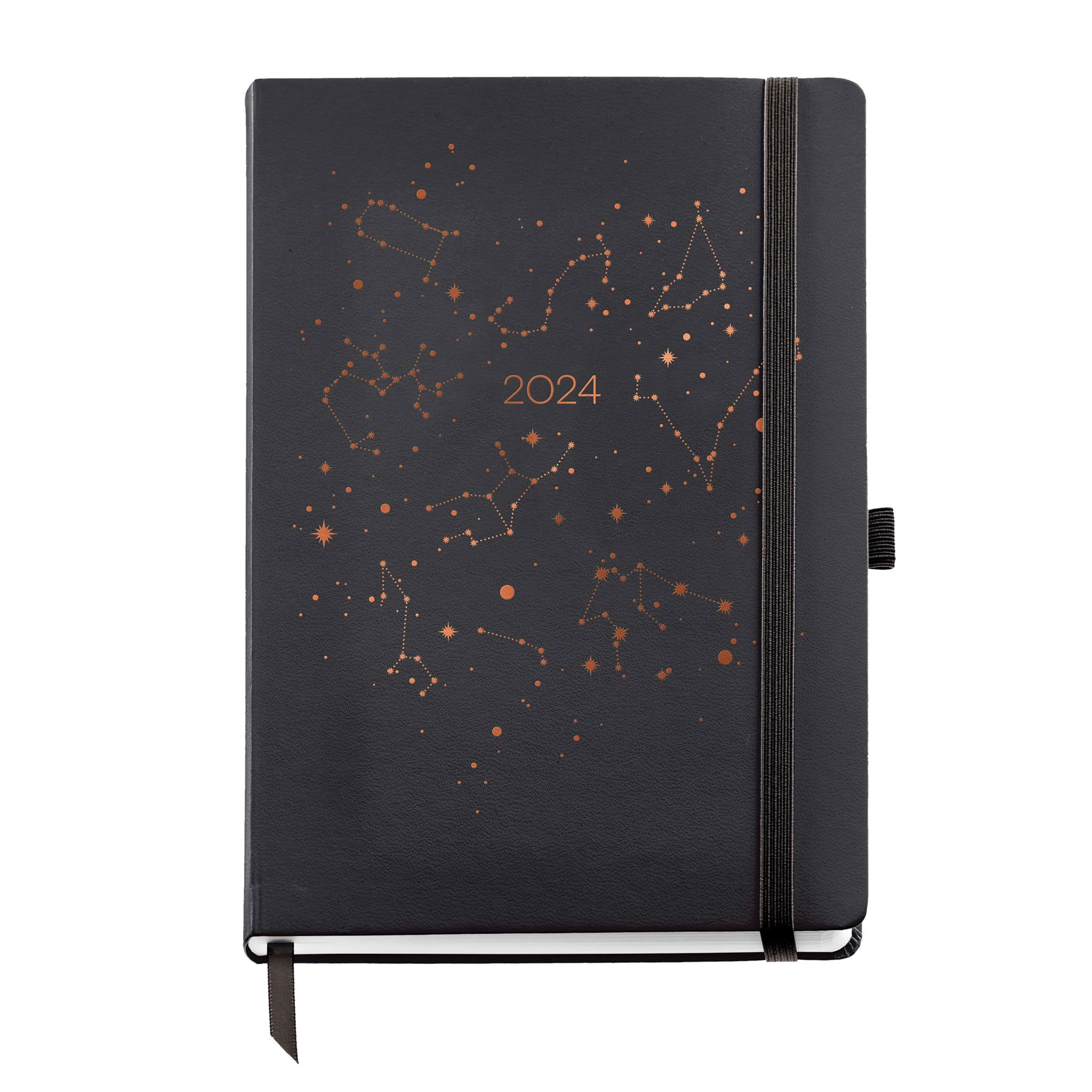 Miquelrius - Annual Diary 2024, Day Page, Plus Size 155 x 213 mm (similar A5), Hard Cover, Sewn, Elastic Closure, Catalan, English and Portuguese, Constellation with Copper Stamping