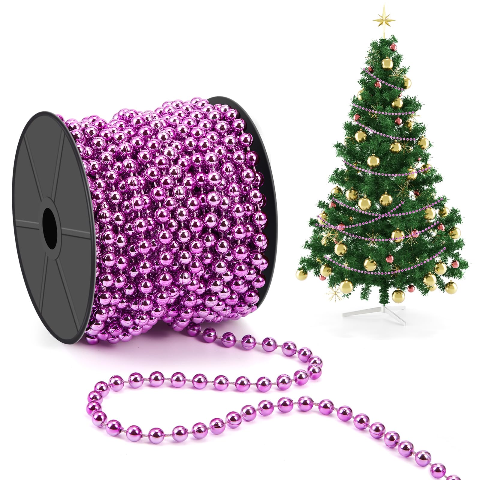 Chuangdi 1 Roll/ 15m Christmas Bead Chain 6mm Pink Christmas Hanging Decoration Christmas Tree Ornaments Plastic String Garlands for Craft Xmas Tree, Stairs, Wedding, Costume, DIY Party Supplies — image 1