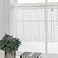 H.ebony White Floral Rose Lace Sheer Window Curtain Valances 52x18 inch, Vintage Lace Floral Knitted Semi Sheer Rod Pocket Curtain Valance for Kitchen Cafe Dinning Bath Room,1 Pcs, White Valance
