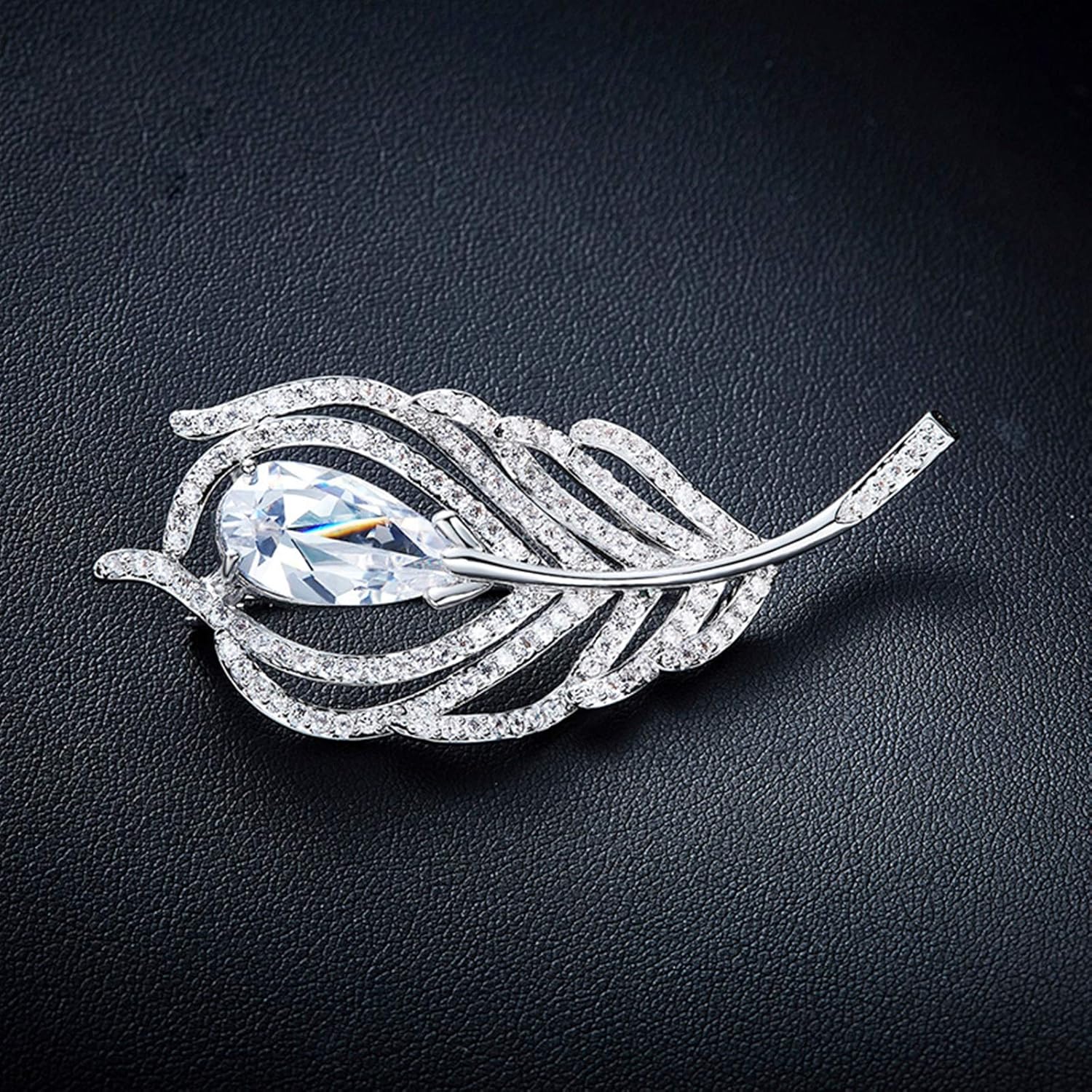 MoAndy White Gold Plated Brooch Pin for Women Feather Wedding Bridal