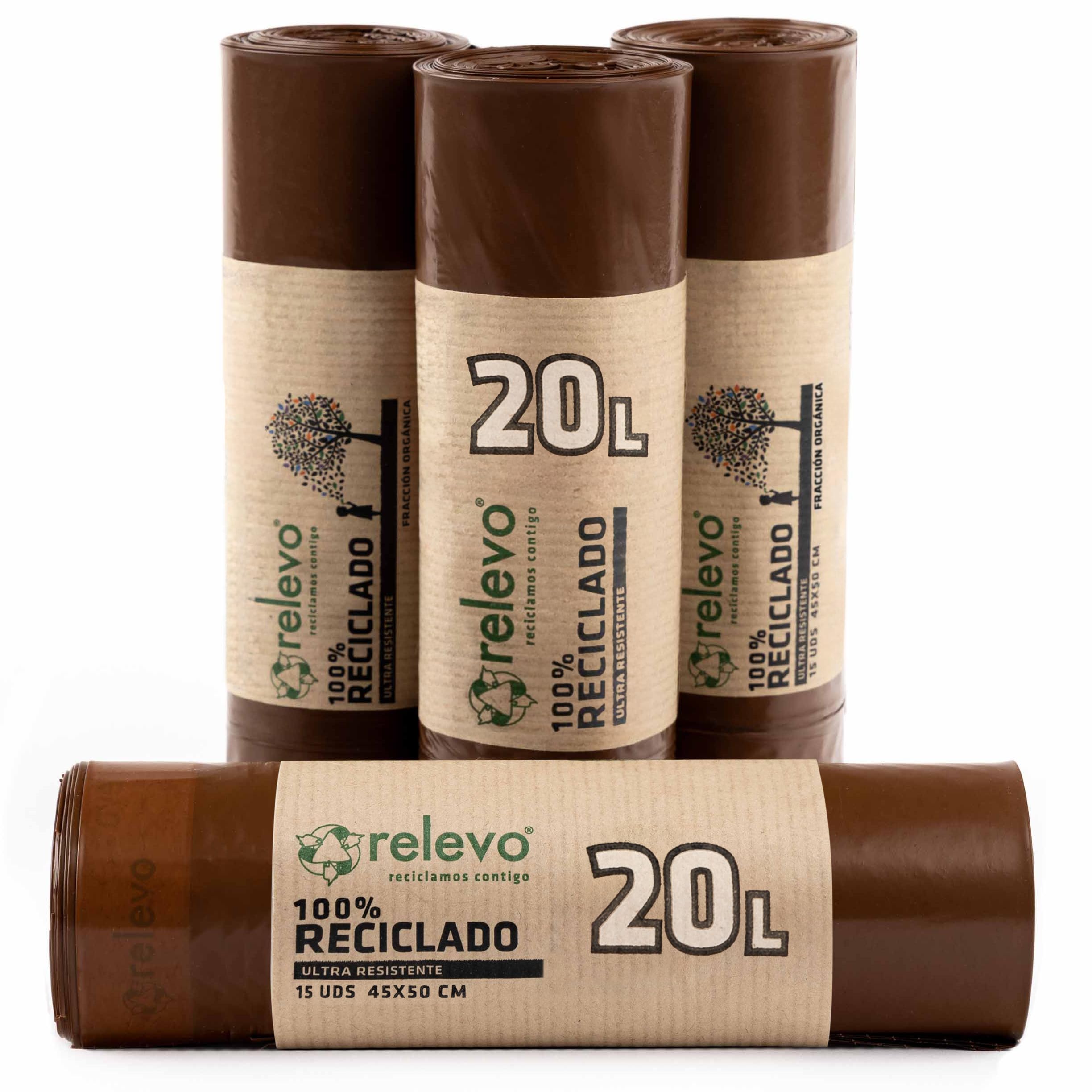 Relevo 20L Bin Bags – Food Waste Bags made of 30 µm (Micron) thick 100% recycled plastic. Contains 60 Bin Liners