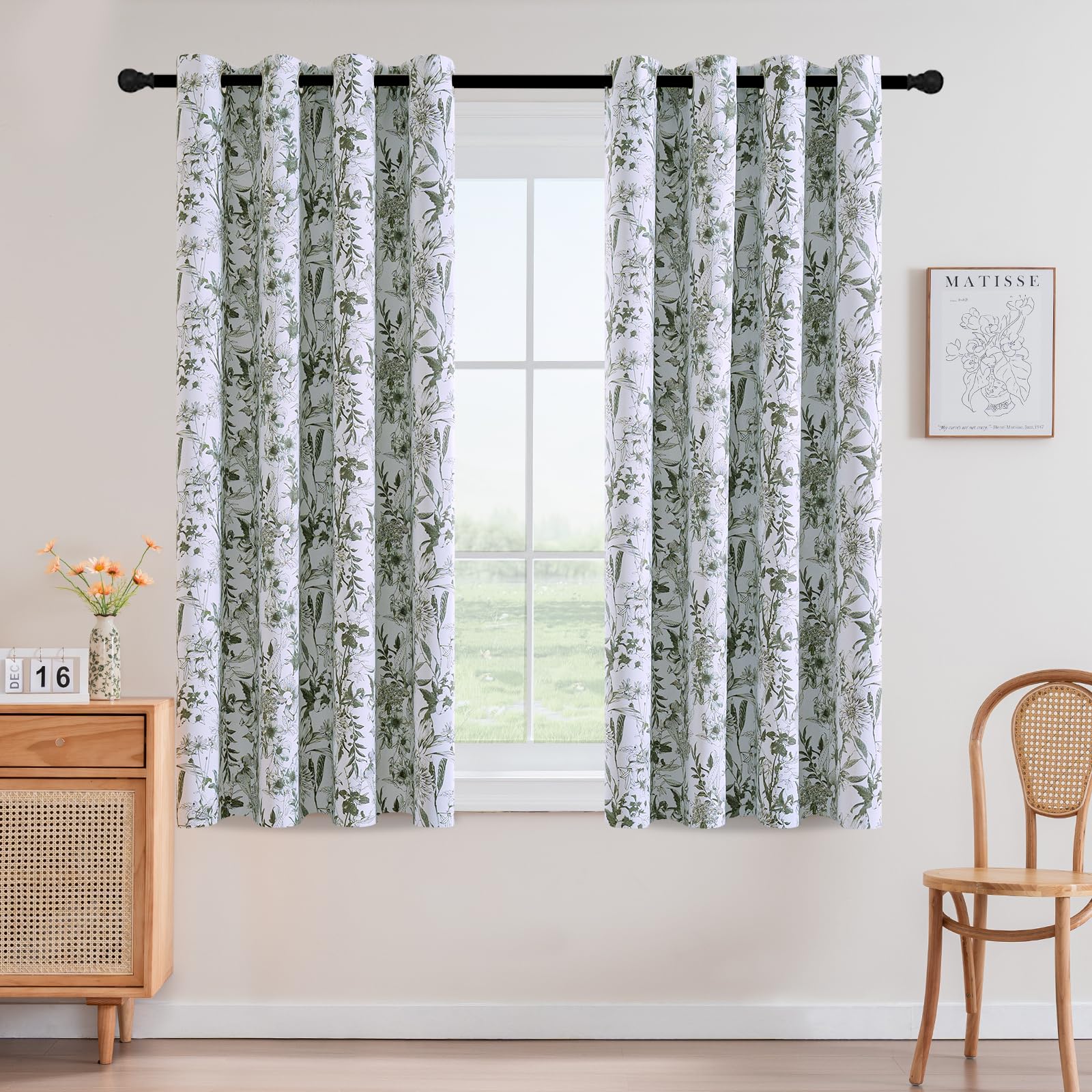 H.VERSAILTEX Blackout Curtains 63 Inch Length 2 Panels Set Floral Print Curtain Drapes for Living Room Thermal Insulated Grommet Window Curtains for Bedroom - French Jouy Flora in Sage