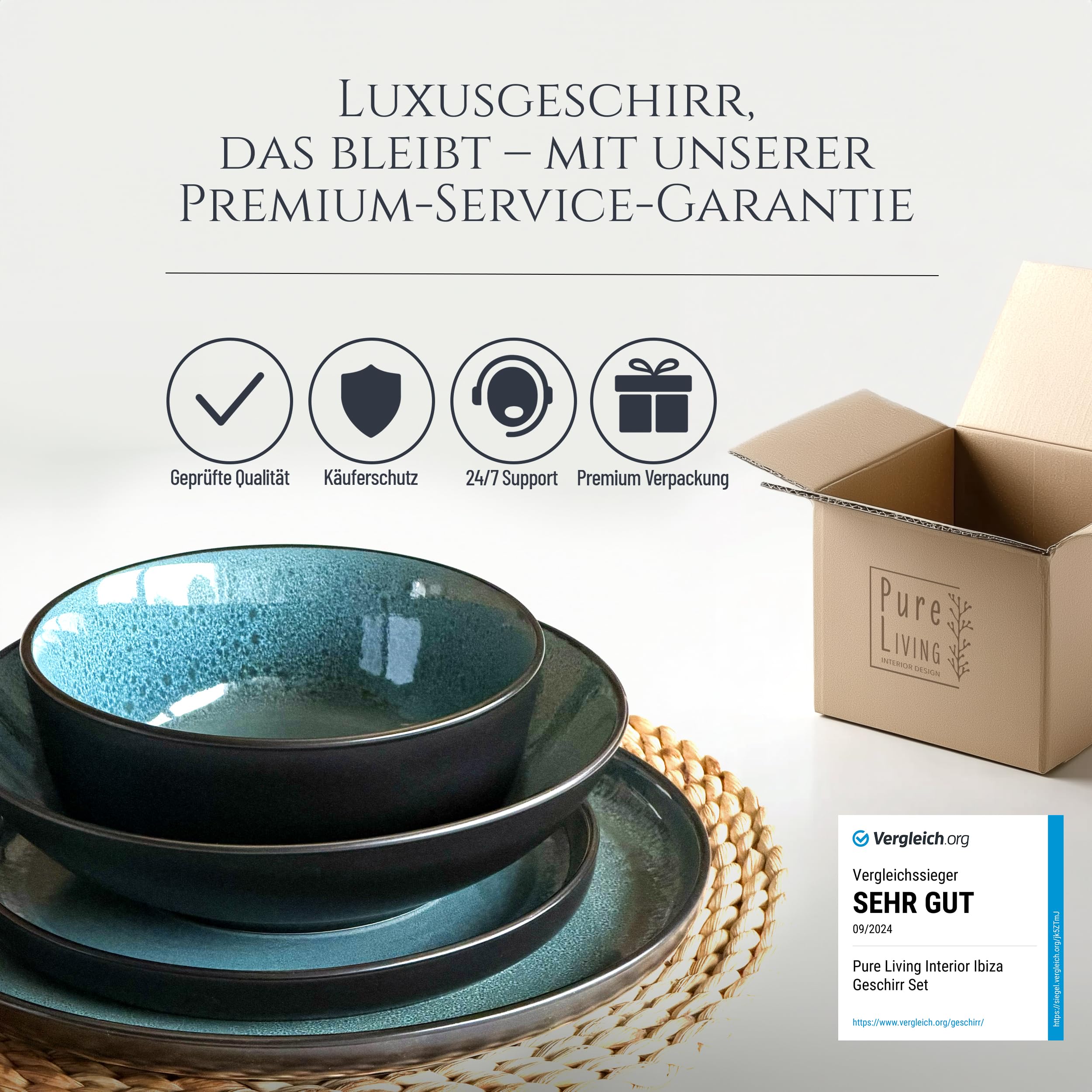 Steingut Geschirrset 6 Personen Ibiza 24 tlg. TESTSIEGER, Traumhaftes Mediterranes Steingut Geschirr Set, Schüssel- und Teller Set, Tafelservice 6 Personen, Geschirrsets Pure Living in Petrol 7