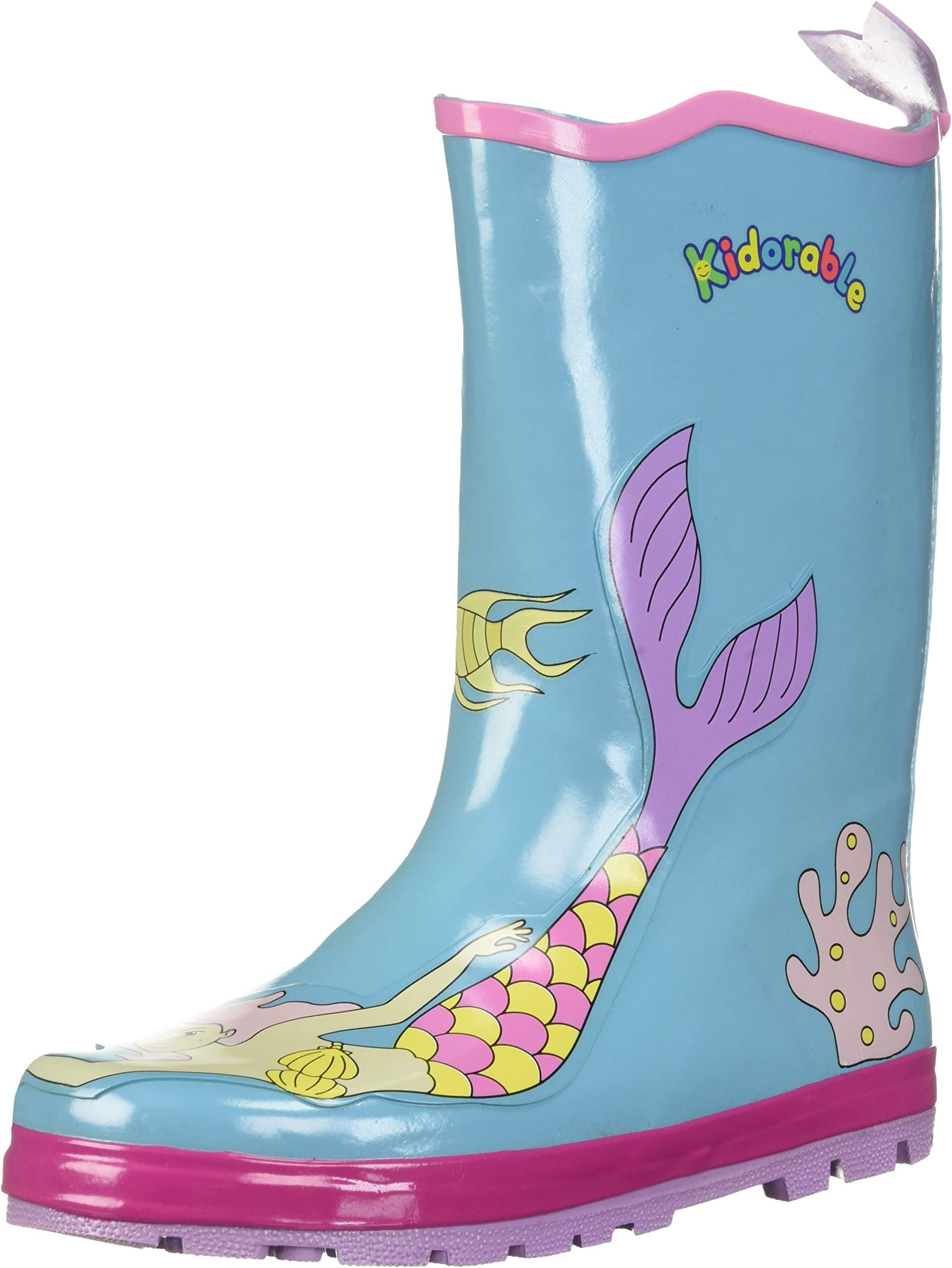 Kidorable Blue Mermaid Natural Rubber Rain Boots w/Fun Fishtail Pull On Heel Tab
