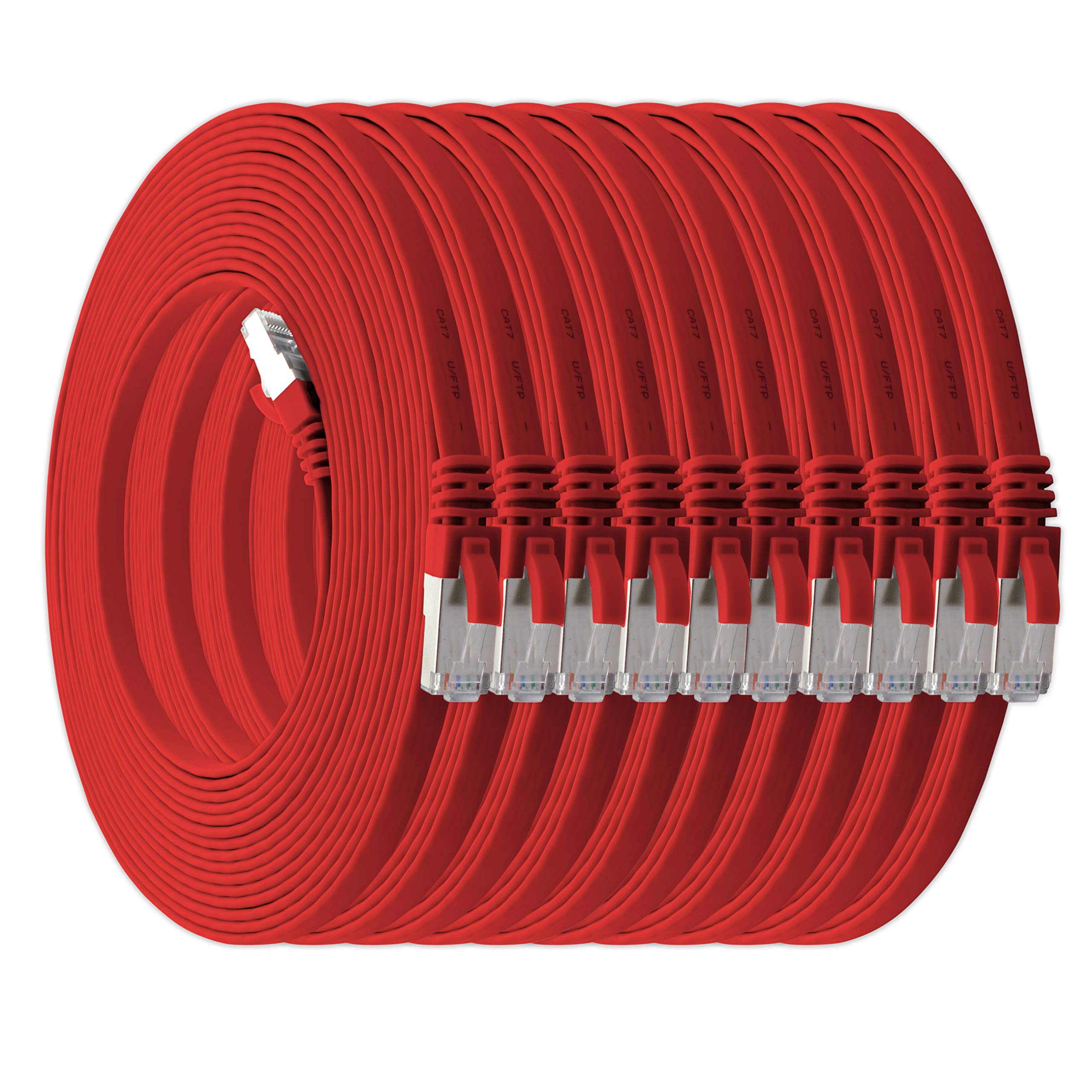1aTTack.de 7.5 m - red - pack of 10 Cat7 flat cable network cable Cat 7 raw cable Gigabit Lan (10Gbit/s) ribbon cable installation cable patch cable flat slim Rj 45 plug Cat6a