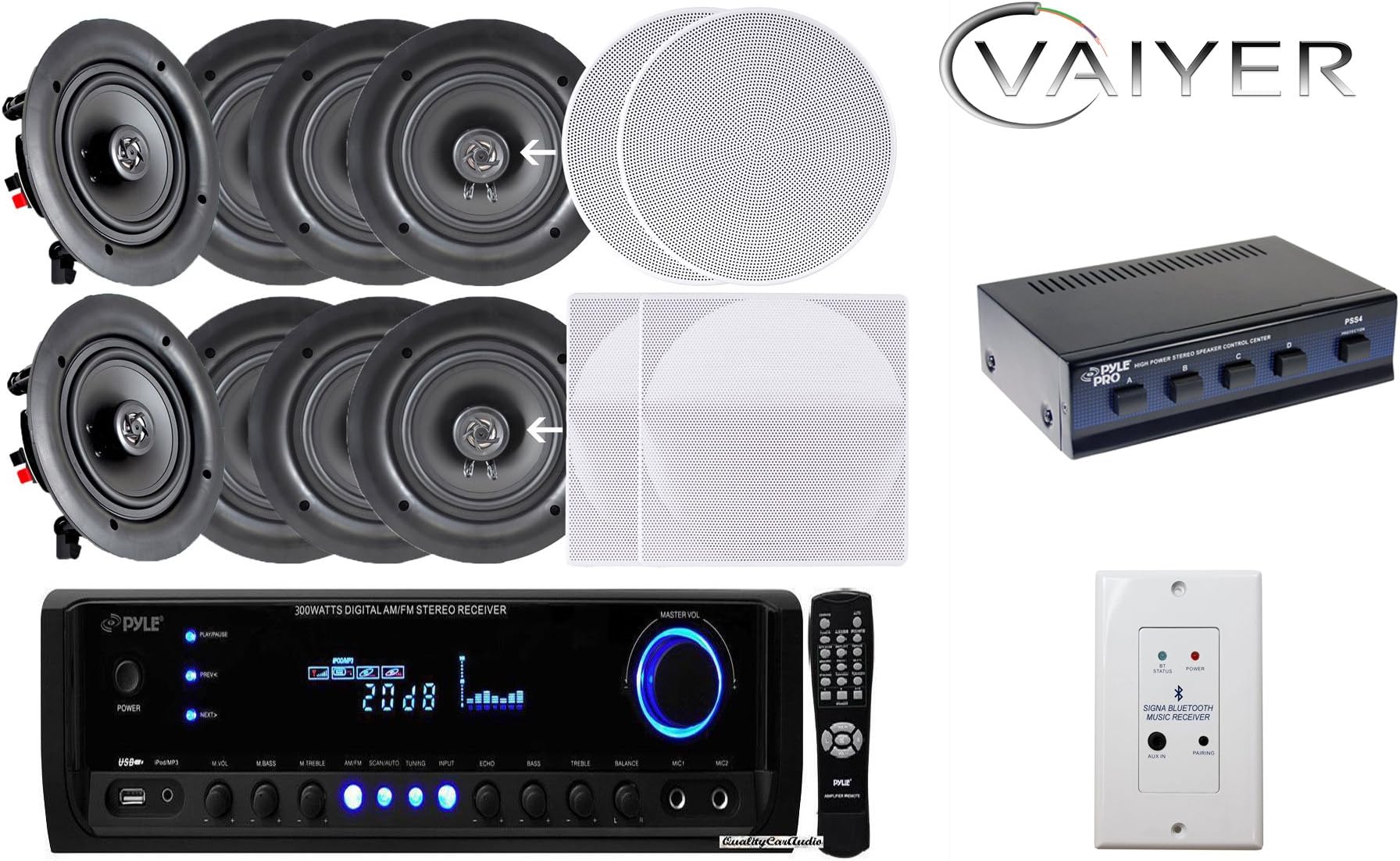 Vaiyerkits Home Audio Package - Includes: (8) 150W 5.25" in-Wall/in-Ceiling White Speakers (1) 300W Digital Stereo Receiver (1) Remote (1) 4 Channel Speaker Selector & (1) in-Wall Bluetooth Receiver
