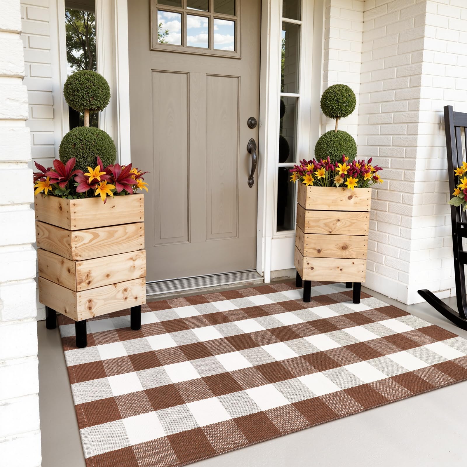 Photo 1 of Buffalo Plaid Checkered Rug Fall Washable Outdoor Rug 3'x5', Front Door Rug Small Outdoor Porch Carpet Cotton Outside Door Mat Autumn Layered Doormats for Patio/Farmhouse/Entryway/Kitchen/Foyer