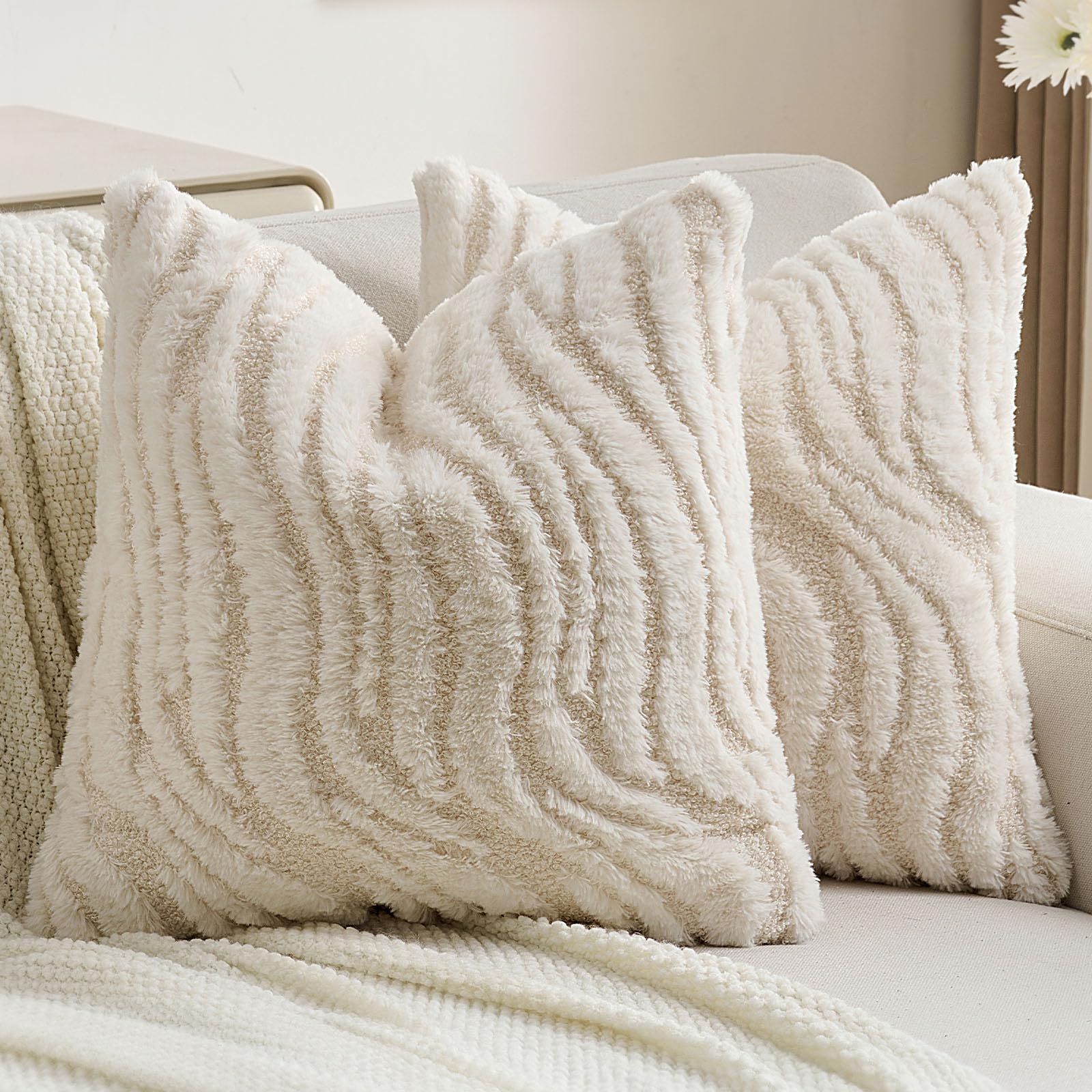 Photo 1 of FUTEI Cream Decorative Throw Pillow Covers 18x18 Inch Set of 2,Soft Faux Fur Geometric Shapes Texture Cushion Case,Boho Home Decor for Couch Bed Living Room