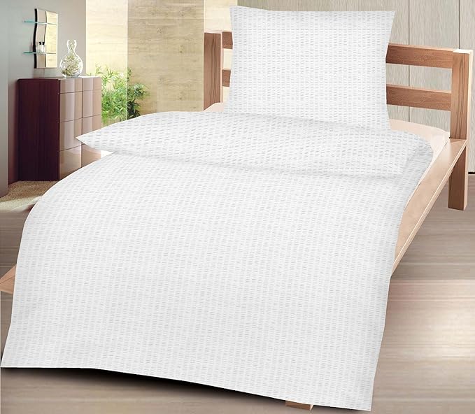 4-Teilige hochwertige Seersucker-Bettwäsche UNI in Weiss GRATIS 1x SCHAL, 2x 135x200 Bettbezug + 2x 80x80 Kissenbezug , 100% 
