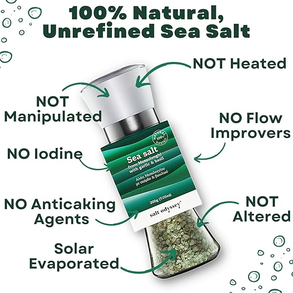 SALT ODYSSEY GRINDER SALT, PURE SEA SALT FOR SEASONING MEAT, FISH AND CHICKEN, 100% NATURAL SEA SALT FROM GREECE, GOURMET SEA SALT WITH GARLIC & BASIL MILL GRINDER (7.05 OZ.)