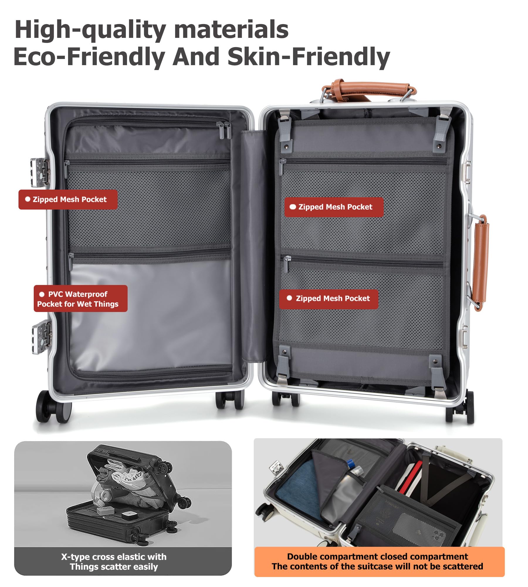 feilario 20'' Aluminum Frame Wide Handle PC Hardside Carry On Luggage - Double Spinner Wheels Luxury Rolling Travel Suitcase with TSA Lock & Cup Holder