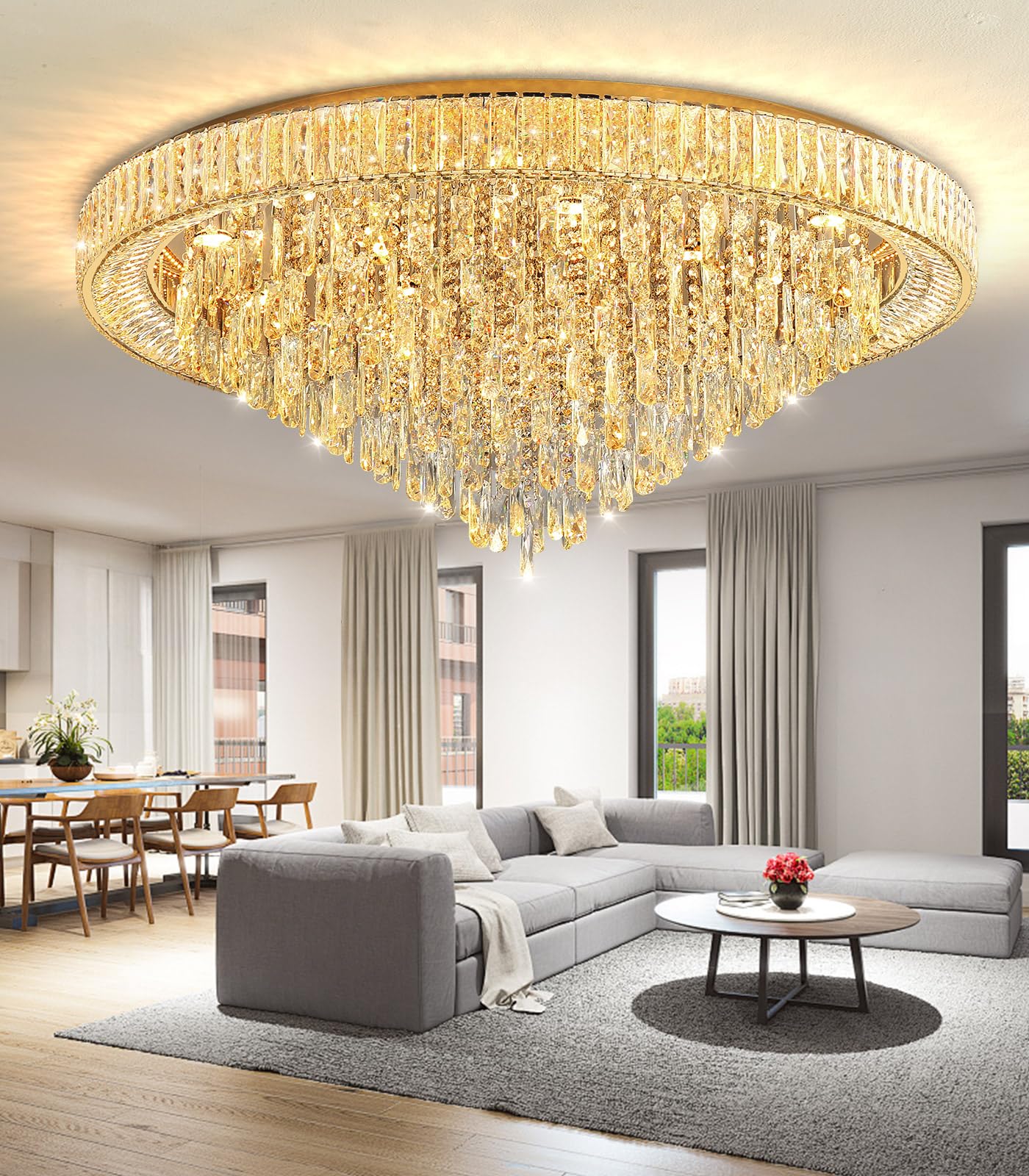 Photo 1 of Modern Crystal Chandeliers LED Dimmable Flush Mount Ceiling Chandeliers for Living Room High Ceiling Entrance Foyer Lobby Bedroom Gold