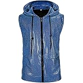 DZMDIP Men's Sequins Sleeveless Hooded Vest Disco Zippered Shirts 70s Disco Party Costume