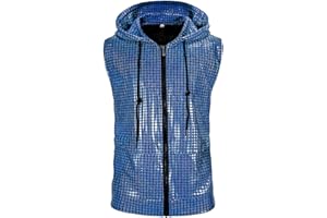 DZMDIP Men's Sequins Sleeveless Hooded Vest Disco Zippered Shirts 70s Disco Party Costume
