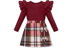 KISSB Girls Clothes Long Sleeve Ruffle Sleeve Top and Plaid Skirt Set Fall Winter Girls Outfits 5-12Y