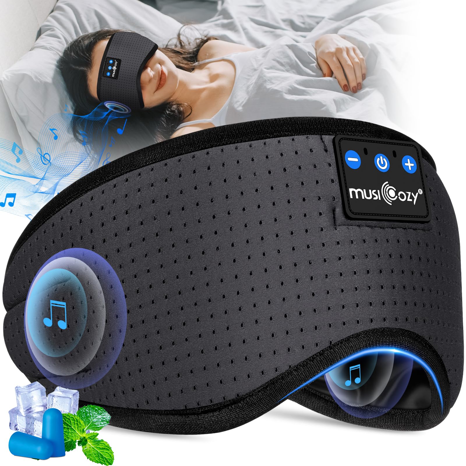 Musicozy Sleep Mask Headphones Bluetooth Sleep Mask,Soft Eye Mask Headphones for Sleeping/Relaxation -100% Blackout Sleep Masks with Headphones for Travel/Meditation/Yoga,Unisex Gifts