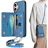 TUCCH Crossbody Case Wallet for iPhone 16, [Detachable Adjustable Lanyard Strap] PU Leather Magnetic Folio RFID Blocking [6 Card Slots], Protective Phone Cover for iPhone 16 (6.1") 2024, Lake Blue