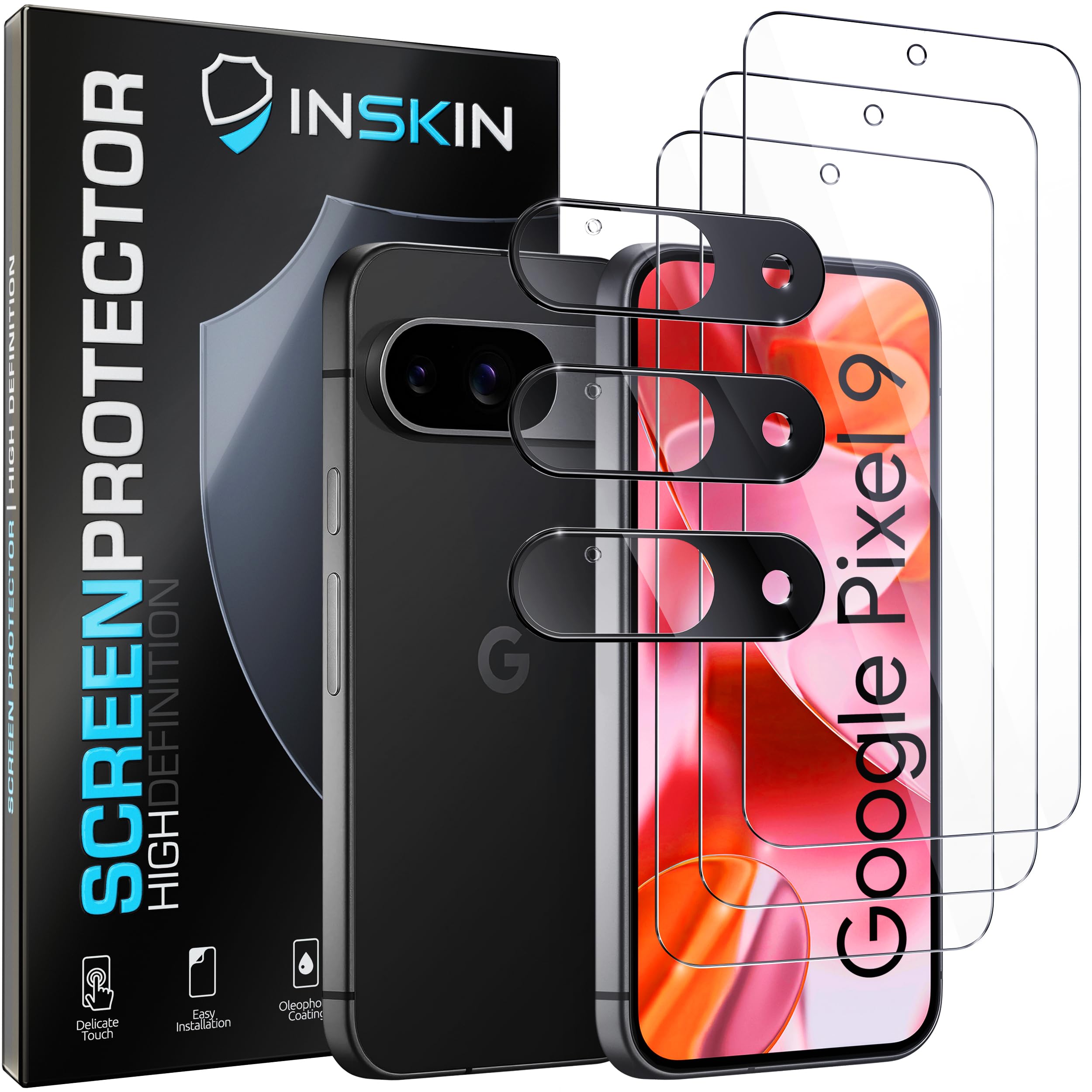 Inskin Screen Protector for Google Pixel 9 (6.1 inch, 2024) – 3-Pack Tempered Glass for Screen & 3-Pack for Camera Lens, Fingerprint ID Support, Plasma Coating, Case-Friendly Design