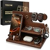 TESLYAR Wood Phone Docking Station for Men - Desk or Nightstand Organizer - Birthday Gifts for Husband, Dad - Anniversary Idea from Wife - Key Holder, Stand Wallet, Watch &amp; Essentials (Bourbon Brown)