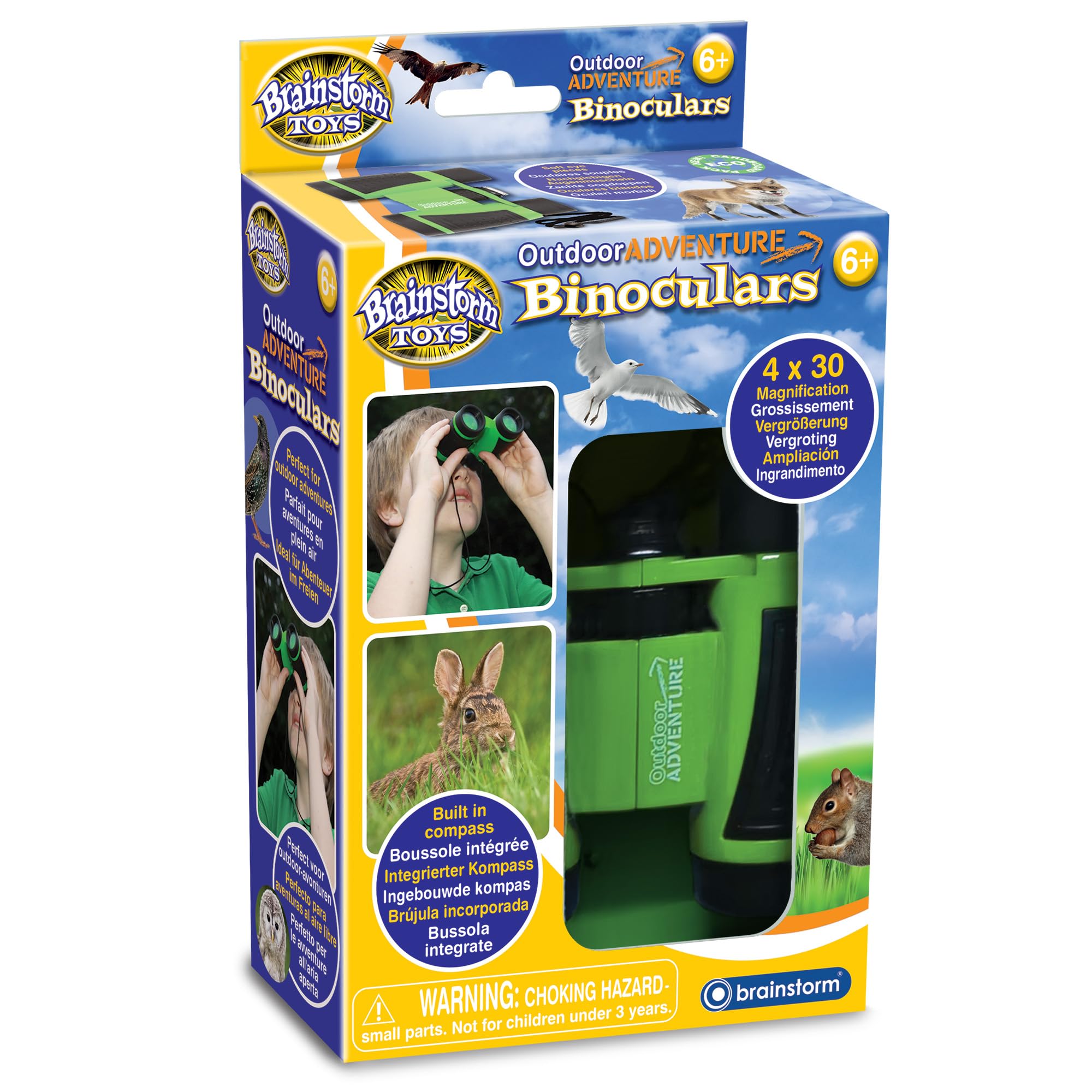 Brainstorm Toys Kids Outdoor Adventure Binoculars – 4x Magnification, Pocket-Size with Built-In Compass, Perfect for Nature Exploration and Outdoor Fun