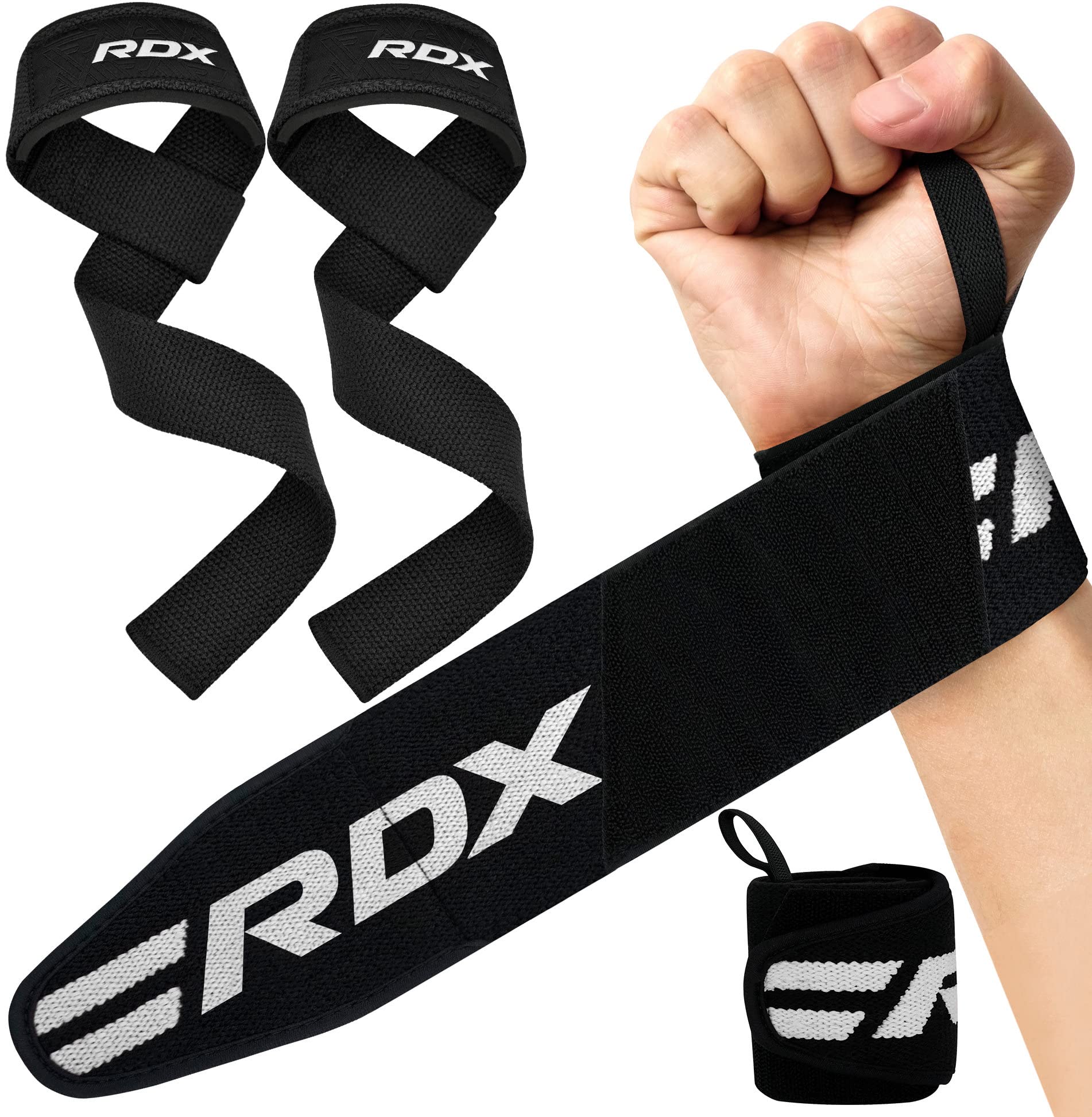 RDX Weight Lifting Wrist Wraps with Gym Straps, Elasticated 18” Cotton Wrap, 60CM Anti Slip Workout Strap Support, Bodybuilding Deadlifting Powerlifting Fitness Gymnastics Strength Training, Men Women