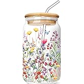 FIVITY Floral Glass Cups with Lids and Straws 16 Oz Flower Iced Coffee Cup Cute Wildflower Drinking Glasses Birthday Mothers Day Valentines Christmas Flowers Gifts for Women Her Mom Friends