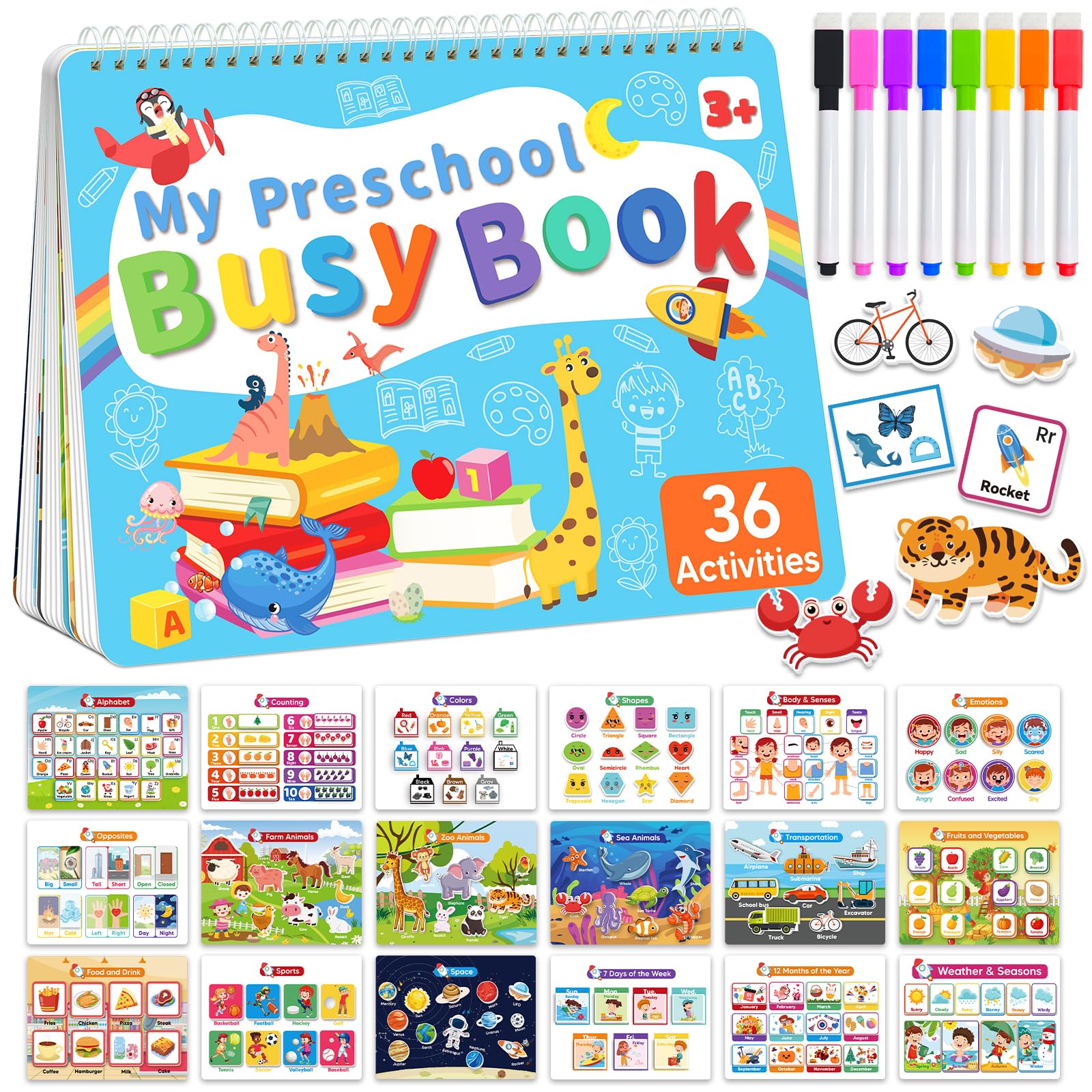 Toddler Busy Book Preschool Learning Activities, Montessori Educational Toys for 3 4 year old Boy Girl Gifts, Tracing Coloring Activity Books for Kids Ages 3-5, Autism Sensory Travel Toys for Toddlers