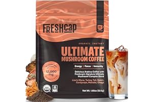 FRESHCAP MUSHROOMS Mushroom Coffee 12,000mg – Organic Instant Coffee with 6 Adaptogenic Mushrooms (Lion’s Mane, Cordyceps, Reishi, Chaga, Turkey Tail, Maitake) for Focus, Clean Energy, Gut & Immune Support (15 Servings)