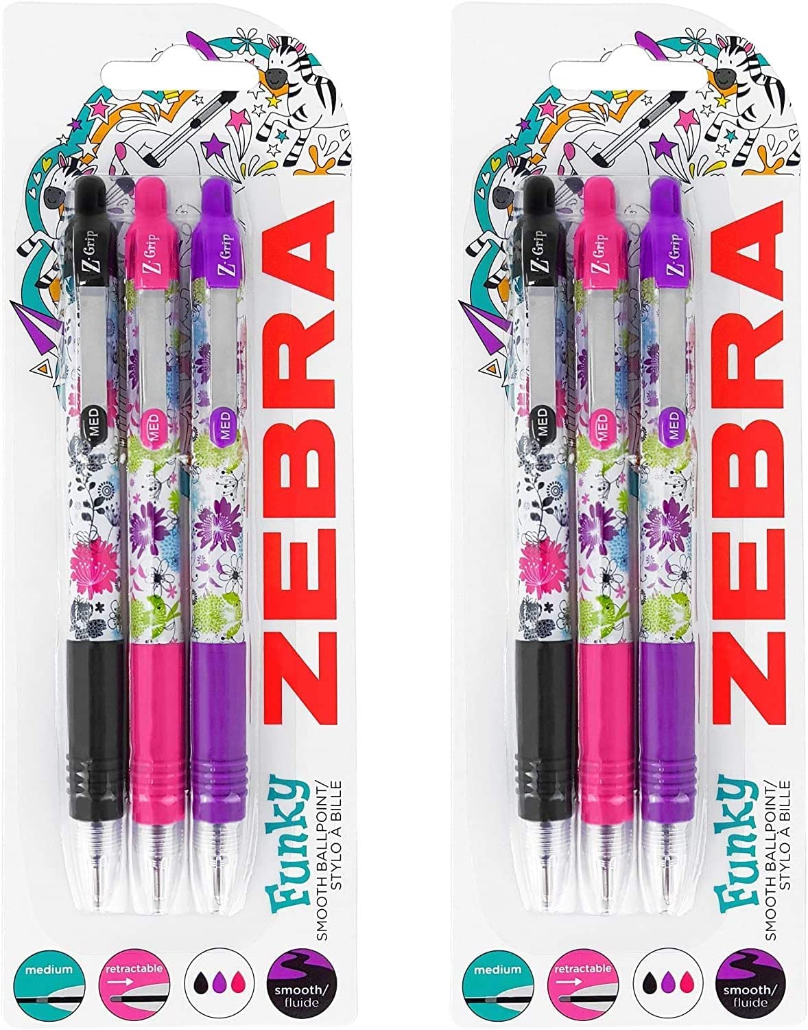 Zebra Z-Grip Funky Brights - Floral Pattern Retractable Black Ballpoint Pen - Assorted 6 Pack