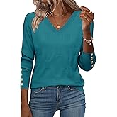Zeagoo Womens V Neck Sweaters Shirts Long Sleeve Lightweight Ribbed Knit Pullover Sweater Blouse Tops with Buttons Oufits