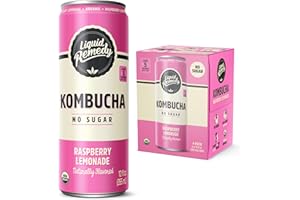 Liquid Remedy Kombucha Sugar Free Organic Drink, Low Calorie, Probiotic Like Tea for Gut Health - Raspberry Lemonade - 12 Fl Oz Can, 4-Pack