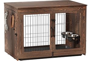 Piskyet Wooden Dog Crate Furniture with 360°Rotatable Removable Dog Bowls, Dog Crate End Table with Tray, Double Doors Dog Kennels for Dogs(XL:43.2" L*28.6" W*30.3" H, Rustic Style)