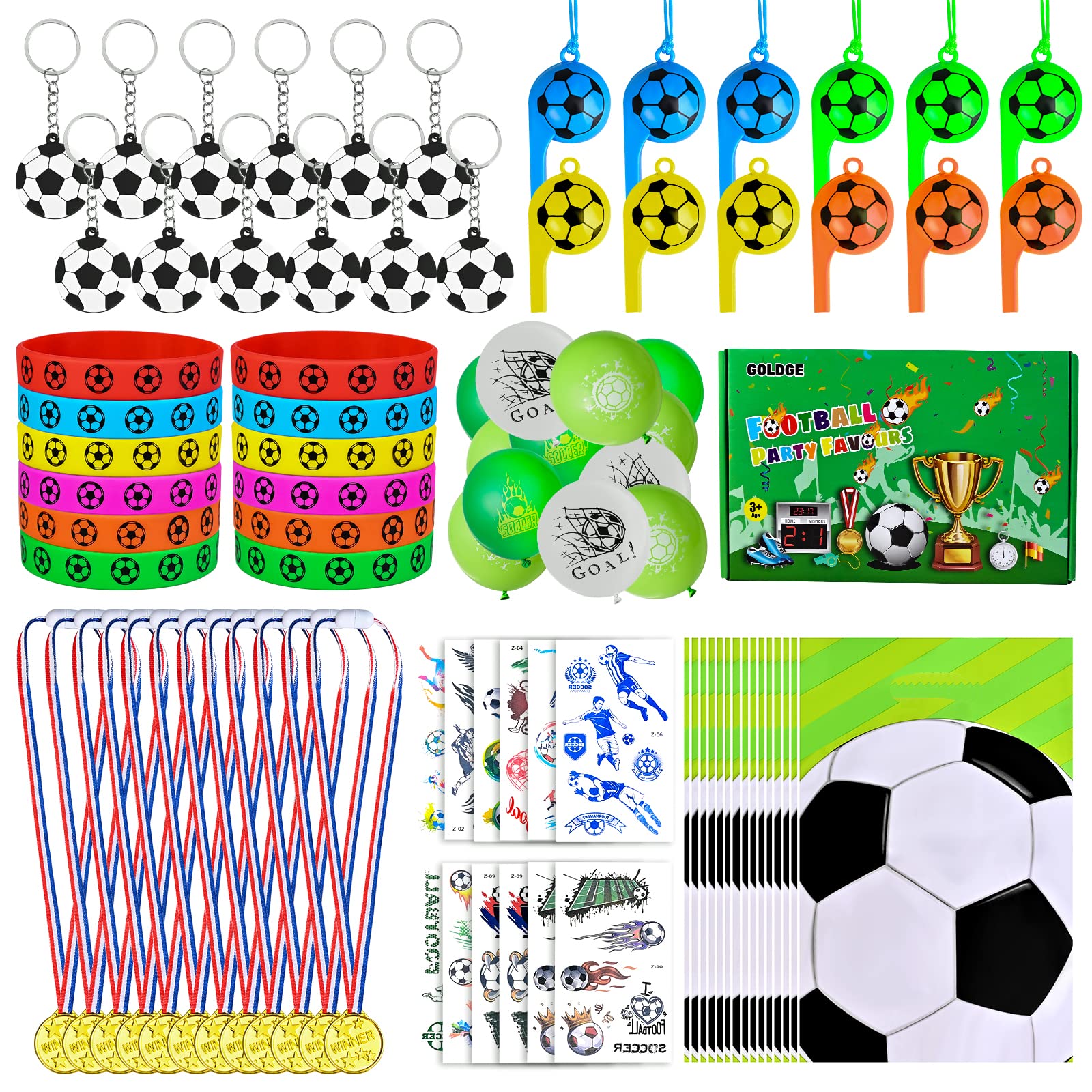 GOLDGE Football Party Bags - 87pcs Children's Football Birthday Decoration Accessories Set: Keyring, Bracelets, Whistle, Tattoos, Balloons, Medals, Bags, for Boys & Girls