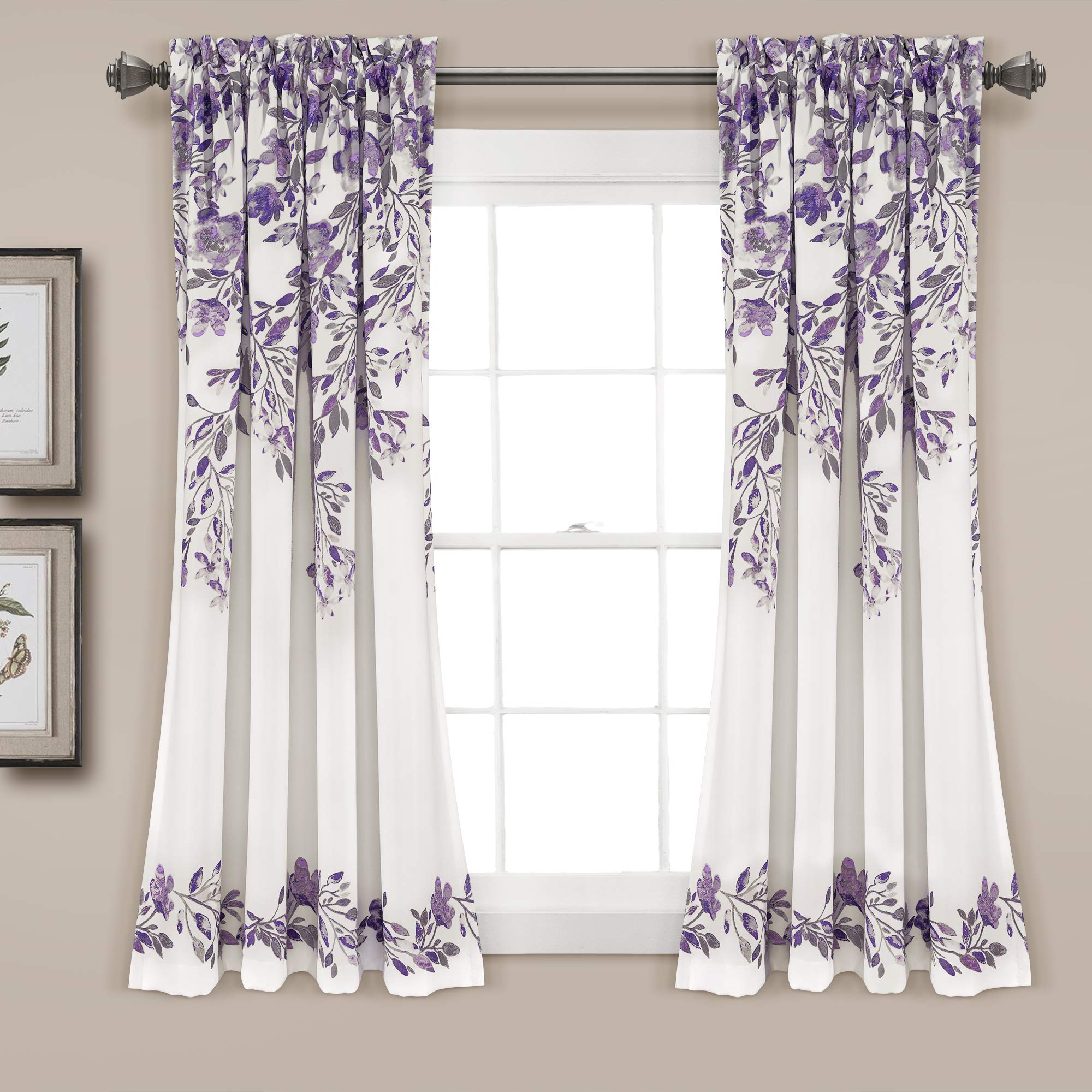 Lush Decor Tanisha Curtains Room Darkening Floral Vine Print Design Window Panel Set (Pair), 52" W x 63" L, Purple & Gray