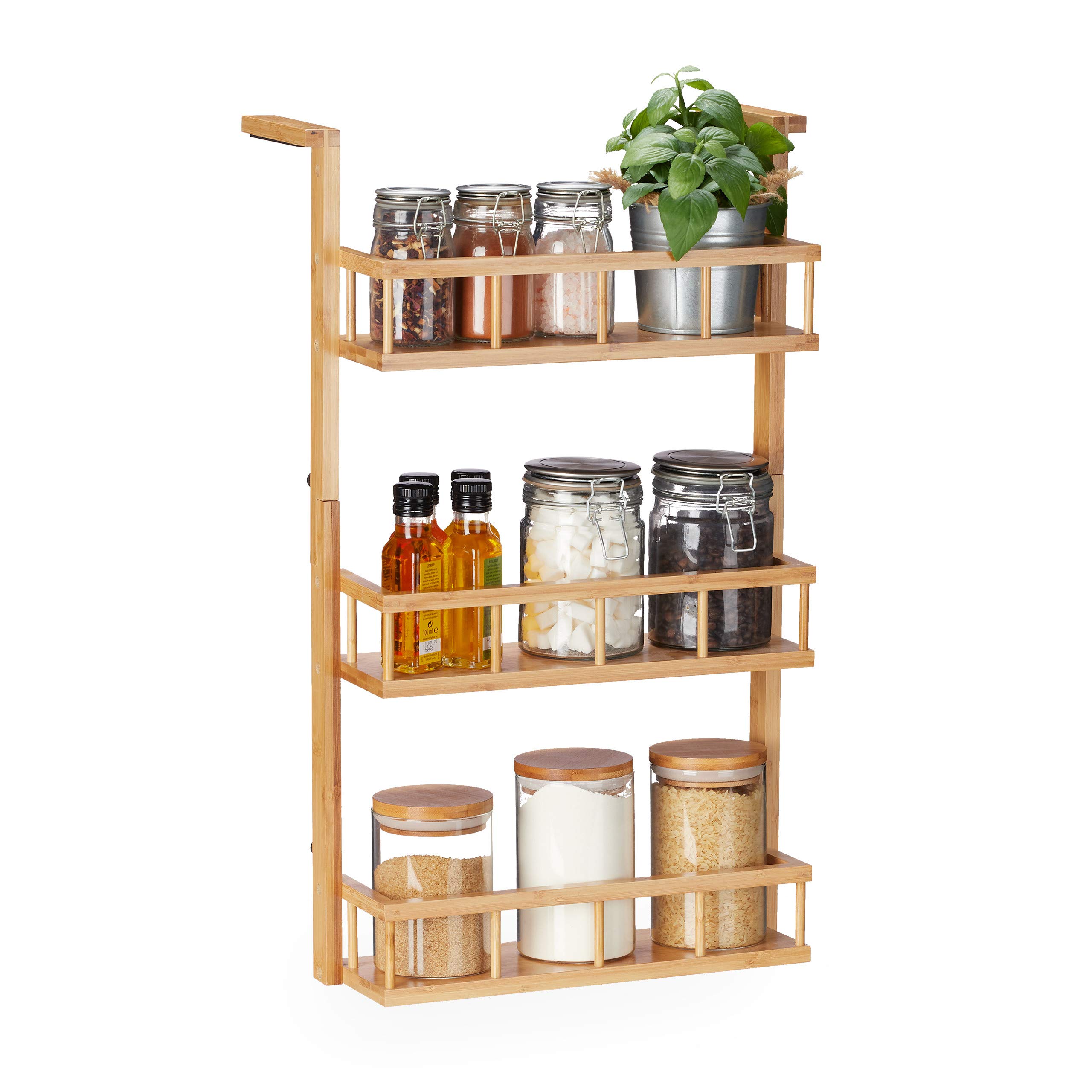 Relaxdays Hanging & Standing Spice Rack Kitchen Cabinet Countertop 3 Tier Bamboo Kitchen Organiser Natural 1 Piece