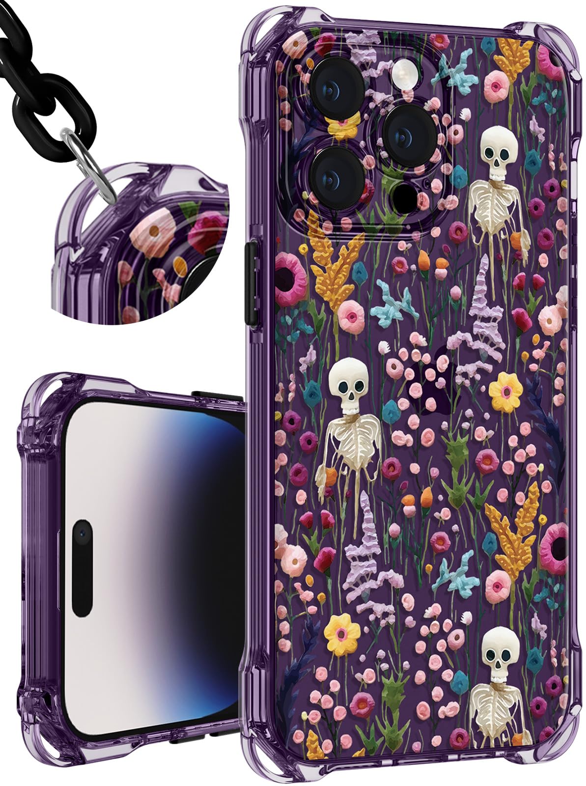 Photo 1 of Toycamp for iPhone 14 Pro Max Case with Strap for Women - Cute Funny Fashion Girls Girly Skull Flower Pattern Design for iPhone 14 Pro Max Phone Case with Wrist Lanyards Four Corners Hang Style