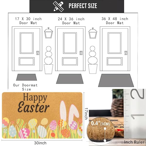 IZUS SPRING HAPPY-EASTER WELCOME-DOORMATS NON-SLIP-COIR OUTDOOR-ENTRANCE-DECOR – FRONT-DOOR-MAT INDOOR HOME PORCH COLORFUL-EGGS/BUNNY-EARS/TULIPS-FLORAL DECOR 17X29INCH