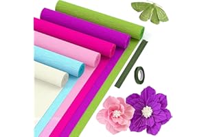 QUNLAND 57pcs Crepe Paper Roll for Flower Making, 6 Rolls Rainbow Crepe Paper Streamers w Green Floral Iron Wire and Floral Tapes Crepe Paper Sheets DIY Kit for Birthday Wedding Holiday Party Decorations