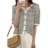 Sdipipo Summer Casual Womens Striped Short Sleeve Knit Cardigan Lightweight Crew Neck Button Up Cropped Sweater Top