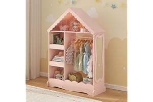 Curipeer Dollhouse Kids Dress Up Storage with Full-Length Mirror & Motion Sensor Light, Open Hanging Kids Wardrobe Closet, Toddler Dress up Rack, Armoire Costume Organizer for Bedroom, Pink