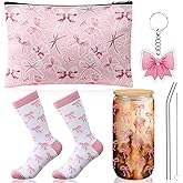 Boao 5 Pcs Pink Valentines Bow Gift Set with Bow Glass Cup, Socks, Cosmetic Bag Keychain Coquette Stuff Thank You Gift Box for Girls Women