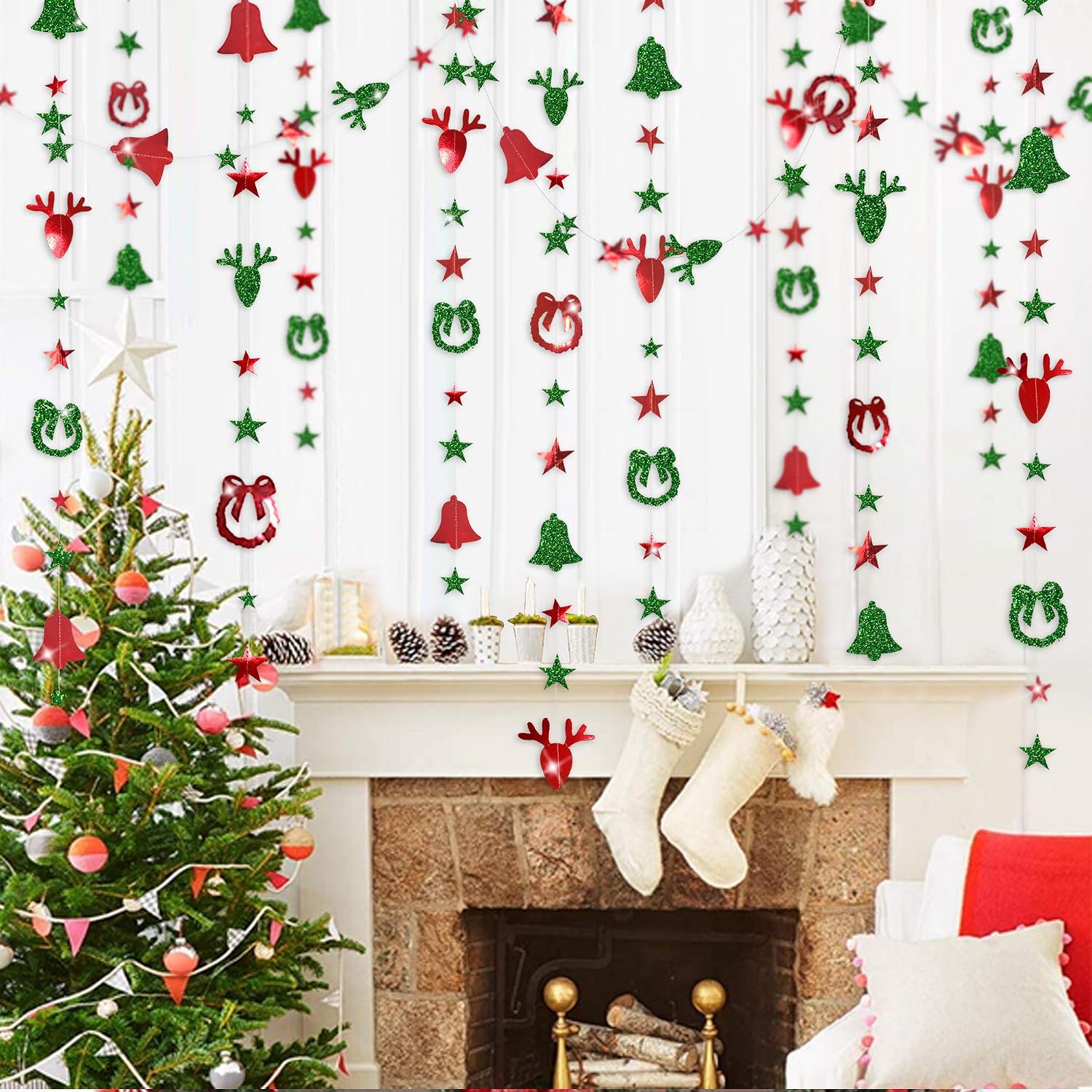 Christmas Party Decorations Kit Red and Green Xmas Garland Paper Wreath Reindeer Star Jingle Bells Hanging Bunting Backdrop Banner for Home Kid's Room New Year Merry Christmas Birthday Party Décor - Image 4