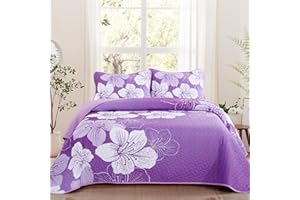 DJY Purple Floral Pattern King Quilt Set 3 Pieces Botanical Bedspread Summer Microfiber Bedding Quilt Set with 2 Pillow Shams Soft Boho Coverlet for All Season 104''x90''