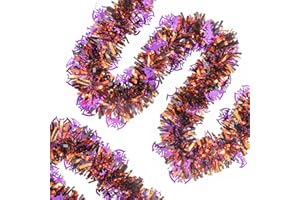 CIPOWM 33FT Halloween Tinsel Garland, Black Orange Purple Metallic Twist Foil Tinsel Garland with Bat Ornament Shiny Hanging Garland for Halloween Party Indoor Outdoor Decoration