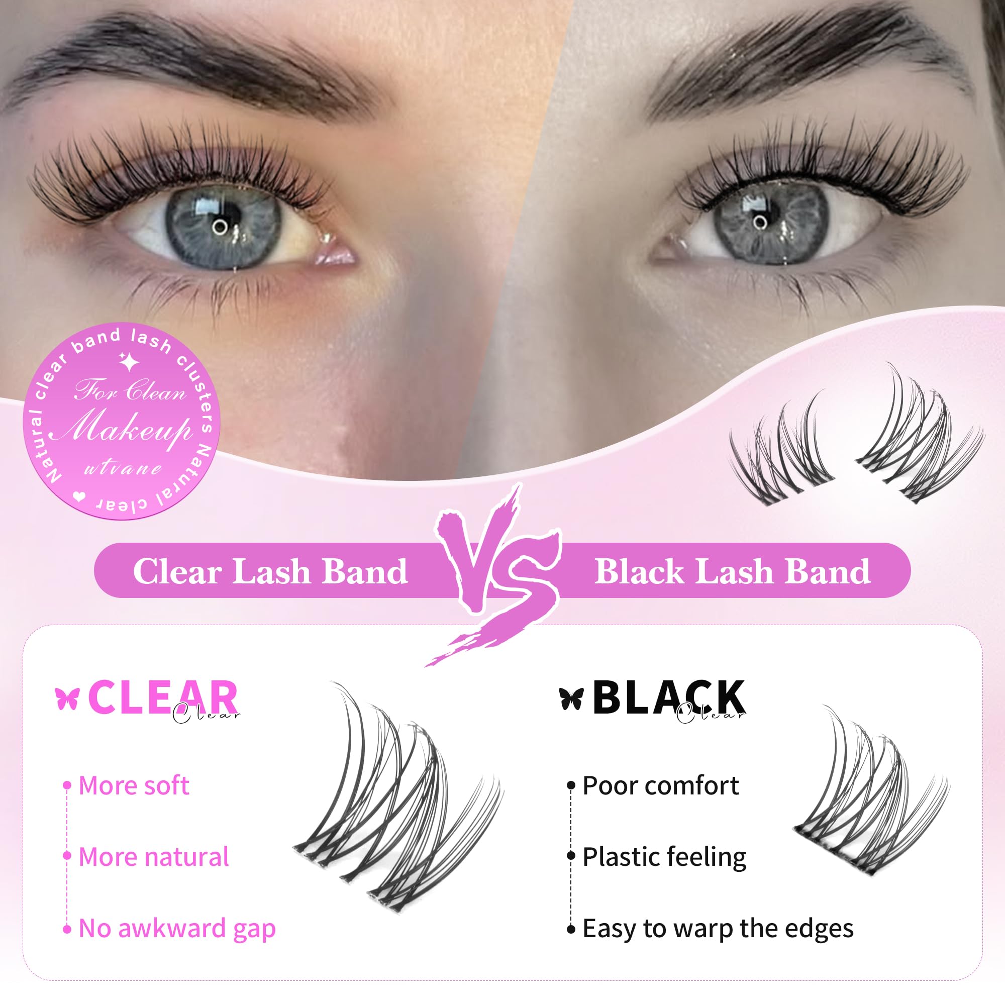 Wispy Lash Clusters Kit Venus Invisible Band Eyelash Clusters 8-16mm Lash Extension Kit Natural Lashes Clusters Eyelash Extension Kit with Thin Band Lash Cluster Clear Lash Glue and Tweezers by Wtvane