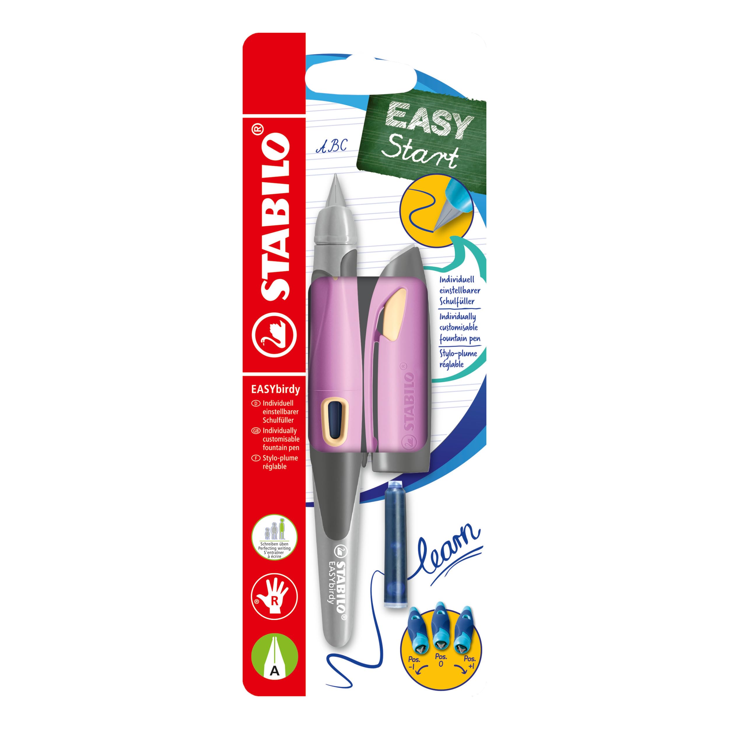 STABILO Ergonomic School Fountain Pen EASYbirdy - A Nib - Right Handed - Soft Pink/Apricot + tool for nib exchange