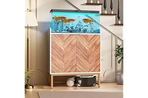 Saudism 20-29 Gallon Fish Tank Stand, Aquarium Stand With Doors & Adjustable Shelves, Boho Sideboard Coffee Bar Cart, Kitchen Cupboard Console Table, 30.5" L×15.7" W×35" H, White/Gold