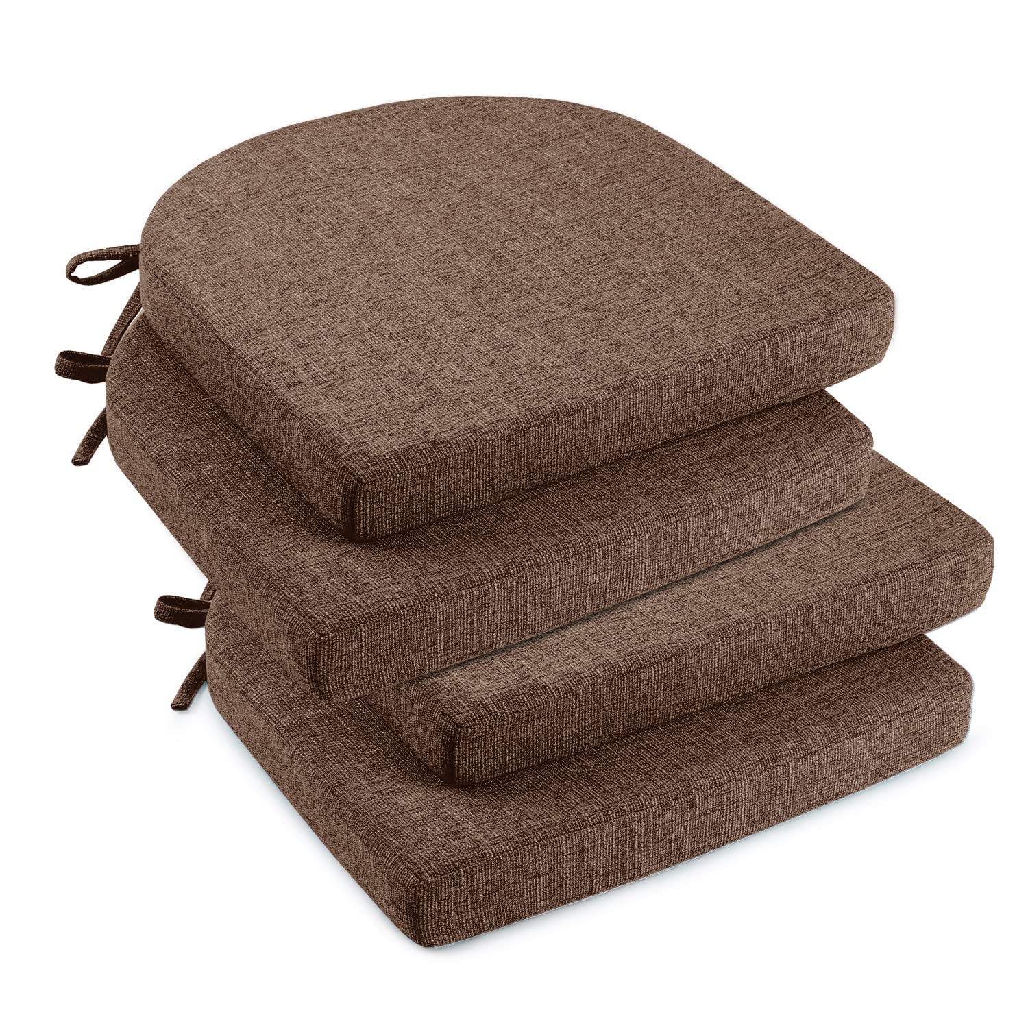 downluxe Indoor Chair Cushions for Dining Chairs, Soft and Comfortable Textured Foam Kitchen Chair Pads with Ties and Non-Slip Backing, 16" x 16" x 2", Brown, 4 Pack Image