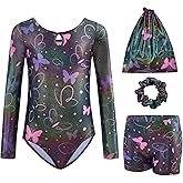 Tstiti Gymnastics Leotards for Girls Long Sleeve Kids Tumbling Gymnastic Outfit Clothes with Shorts Storage Bag