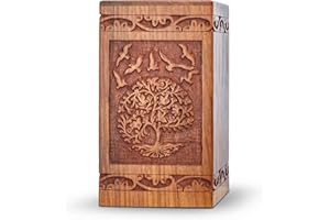 INTAJ Handcarved Wooden Cremation Urn for Human Ashes - Tree of Life Design, 250 lbs Capacity, Suitable for Adult Men and Women - Decorative Funeral Urn Box and Casket - Wooden Carved Box